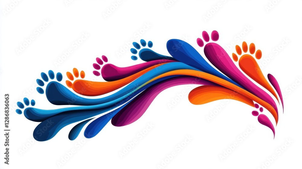 Poster a dynamic design featuring multiple animal paw prints arranged in a curved or scattered pattern, sim