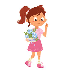 Pretty little girl with gift basket of flowers Happy child presenting hydrangea bunch Cartoon character design for Mother's Day or Women's day greeting card, flyers, invitation Vector illustration