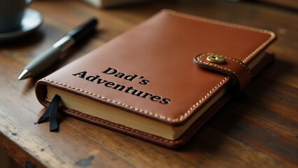 brown leather journal words dad adventures written cover white cursive font journal resting wooden table cup coffee pen next cover has small gold button right side black ribbon tied around edges