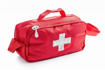 Essential red first aid kit isolated on white background health emergency supplies