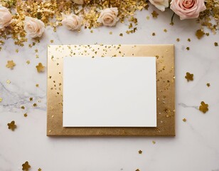 Elegant flat lay featuring a blank card surrounded by pink roses and golden confetti.
