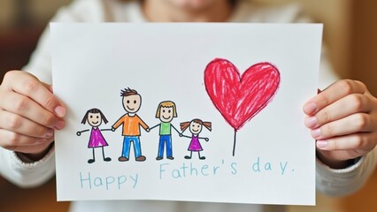 person holding white paper drawing family holding hands red heart family consists father mother two children father holding heart both hands while mother children holding hands above family text