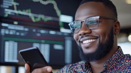 A smiling man checks stock market data on a smartphone in front of a lively digital stock chart display, exuding optimism and confidence.