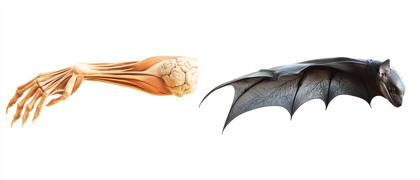 Side by side anatomical comparison of a human arm bat wing and whale flipper highlighting homologous structures scientific labeling and clean white background