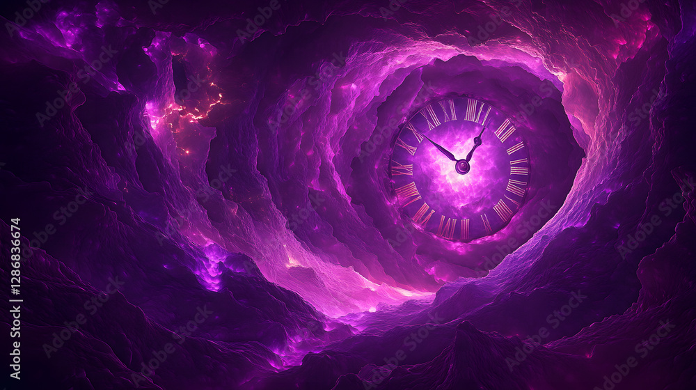 Poster surreal clock in a purple tunnel with artistic abstraction and tulips on the floor creating a dreaml
