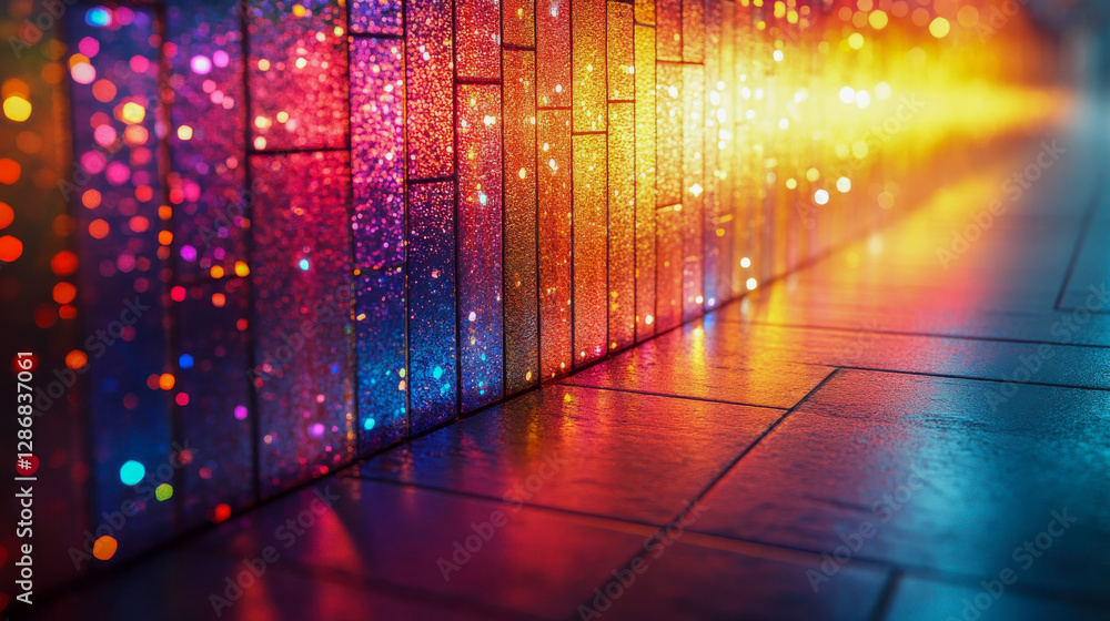 Poster a vibrant and colorful abstract wall texture, illuminated with rainbow-like light refractions and bo