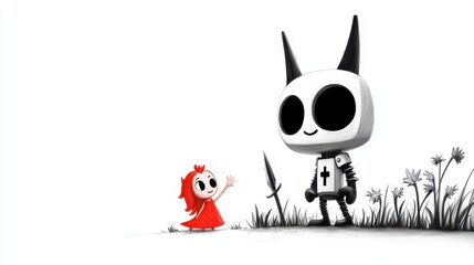 A wobbly crayon drawing of a knight with a big, round helmet and a tiny sword, standing below a tall, crooked tower where a smiling princess waves.