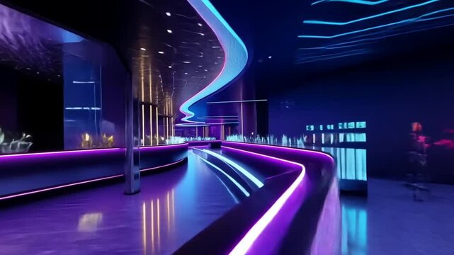 Neon-lit futuristic bar with purple and blue ambient lighting and rounded bar top.
