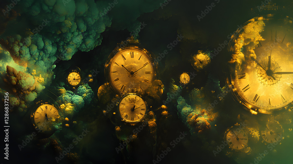 Poster a collection of various clocks displayed in a dark room creating a surreal artistic atmosphere