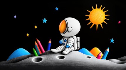 A wobbly crayon drawing of a round-headed astronaut with a big smile, standing on a bumpy gray moon with colorful stars and a bright yellow sun in the sky.