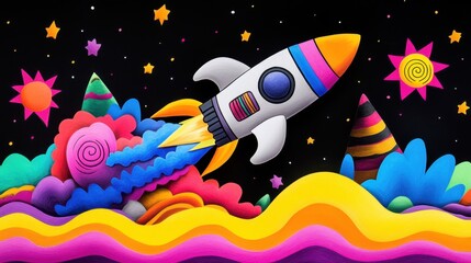 A rough, joyful scribble of a spaceship with exaggerated features, shooting through space with wavy motion lines and a bright, crayon-textured sky.