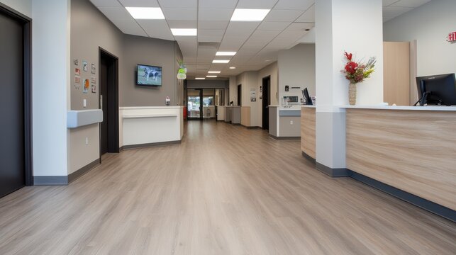 Sleek veterinary clinic with wooden flooring, reception desk, medical equipment, ensuring a professional and pet-friendly environment.