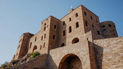 Fototapeta premium Majestic medieval castle with rough stone walls and arched windows, basking under a clear blue sky, showcasing timeless architectural grandeur.