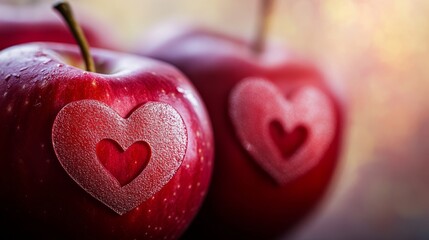 Fototapeta premium Heart-engraved red apples symbolize love and simplicity. 