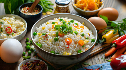 Intricate Presentation of Ingredients for a Vibrant Asian Rice Dish Recipe