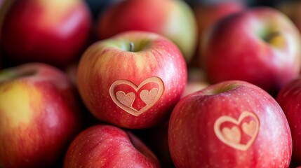 Heart-engraved red apples symbolize love and simplicity.
