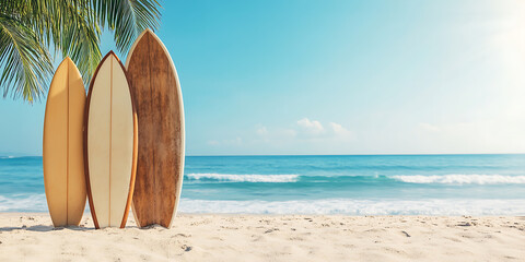 Surfboards on a sunny beach with palm trees. Ocean waves roll towards the shore, creating a sense of relaxation and summer fun. ..