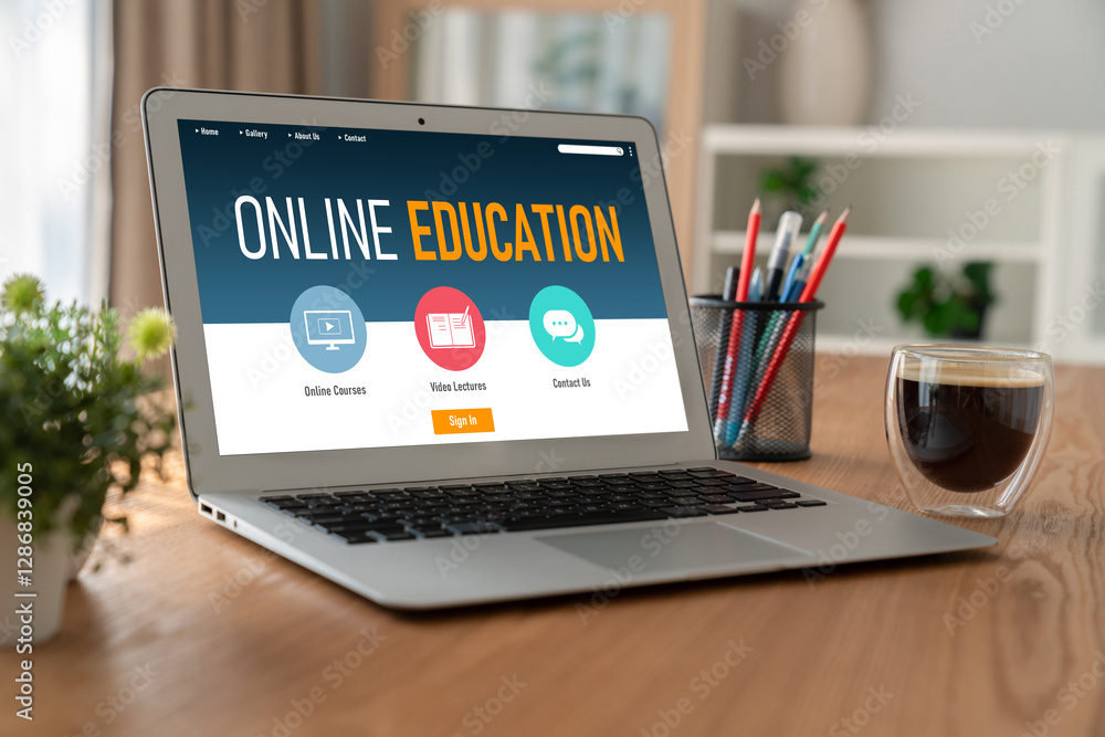 Poster e-learning website with modish sofware for student to study online on the internet network