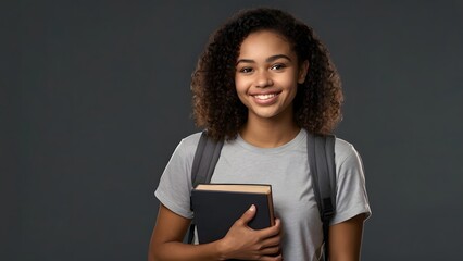 Obraz premium realistic, Young smiling beautiful college student with a backpack and holding a book 