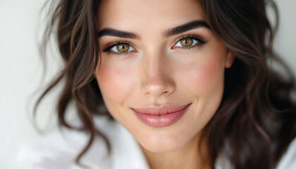 Obraz premium A confident woman in a white blouse smiles warmly against a clean, minimalistic background.