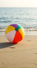 Obraz premium Colorful beach ball sitting on sunlit sand near the ocean.