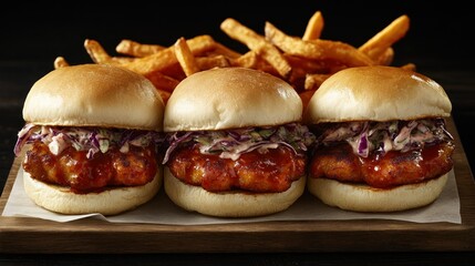 BBQ Chicken Sliders with Sweet Potato Fries on Wooden Board