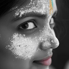Close up of woman face covered in white powder side profile with focused eye gazing ahead