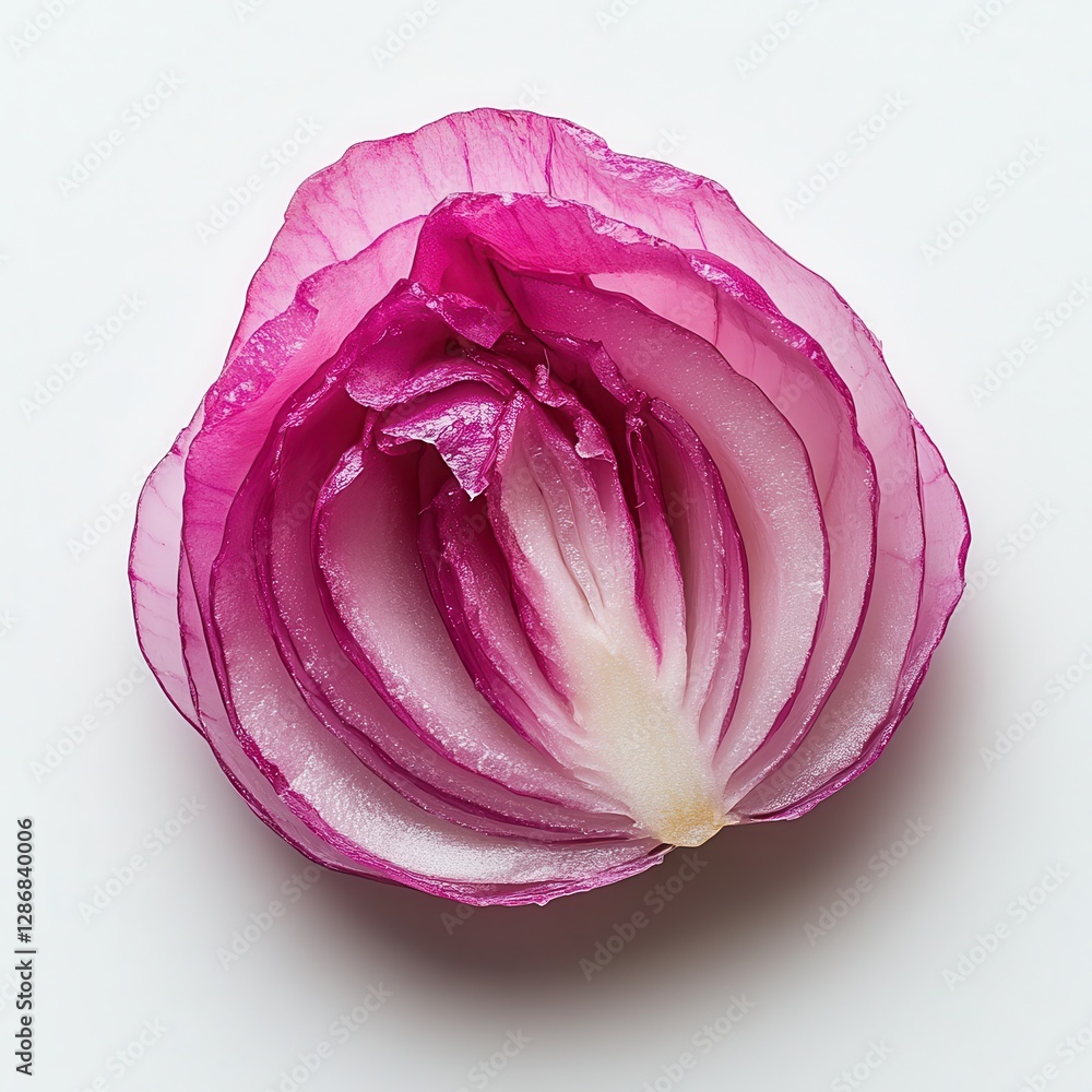 Aufkleber close-up view of freshly sliced red onion showing layered texture and vibrant colors on white backgr