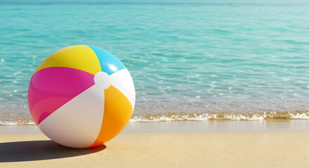 Colorful beach ball sitting on sunlit sand near the ocean.