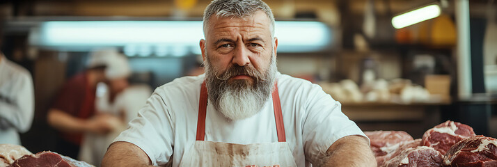 Experienced butcher with a serious expression, wearing a white apron, standing behind a counter full of fresh cuts of meat in a traditional shop setting.