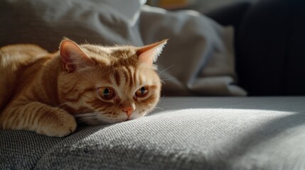 Red Scottish Fold cat rests on a grey sofa, embodying calm and comfort in a serene home setting.

