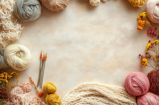 greeting card for crafts with empty space for text somewhere in the picture, knitters tools around, such as yarn, needles and other vintage stuff, illustration