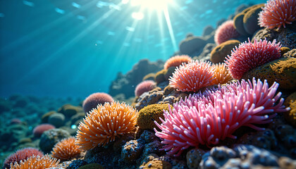 Obraz premium Vibrant Underwater Coral Reef Scene Sunlit Anemones Ocean Life