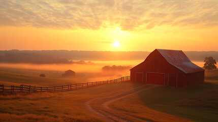 Sunrise over a rural landscape with a red barn, a winding dirt path, and a wooden fence shrouded in morning mist. The sky glows with warm colors.