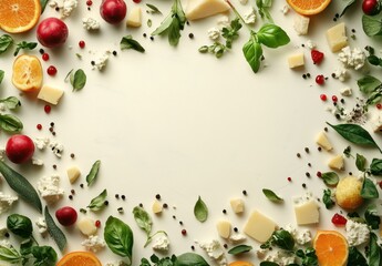 Colorful arrangement of fresh fruits, herbs, and cheese on a light background with empty space for text, ideal for food-related designs and recipes.