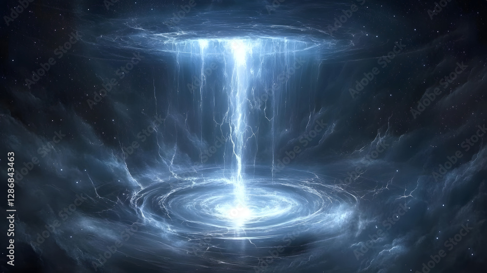 Poster blue vortex with light emerging from it in a surreal artistic representation of movement and energy