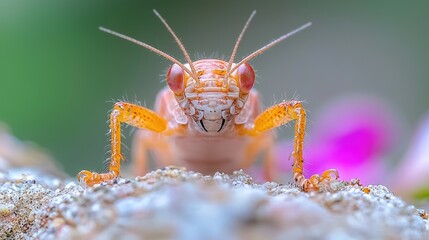 Fototapeta premium Orange cricket close-up, garden background, nature macro photography, website banner