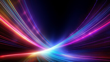 Abstract light lines convey movement and speed, flowing dynamically. A glowing light radiates energy and depth. Galaxy glitch, futuristic, glowing aura.