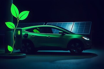 Green Electric SUV Charging with Solar Panels . Eco Vision Concept