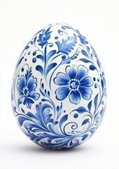  Easter egg with folk blue pattern in Gzhel-style. Easter folk design concept