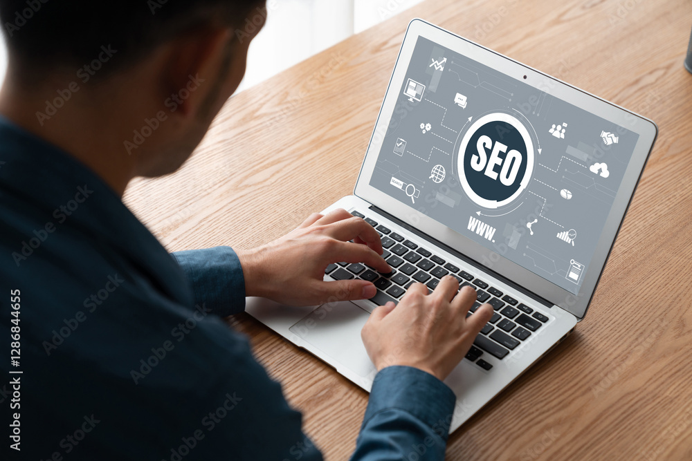 Aufkleber seo search engine optimization for modish e-commerce and online retail business showing on computer 