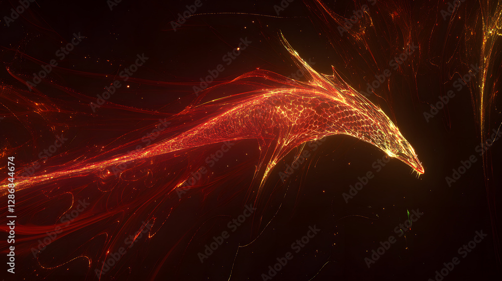 Poster bird in flight against a dark sky with abstract artistic representation of clouds and surreal elemen