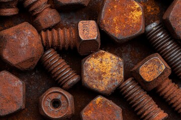 Rusty bolts and nuts scattered on a textured metal surface showcasing decay and industrial charm