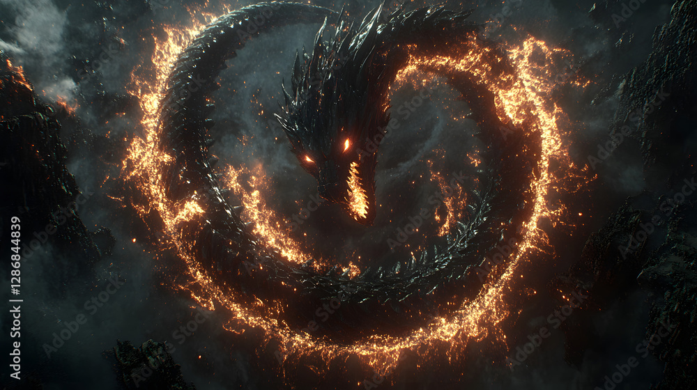 Poster large black fire spiral in dark forest surrounded by trees and shadows creating a surreal artistic r