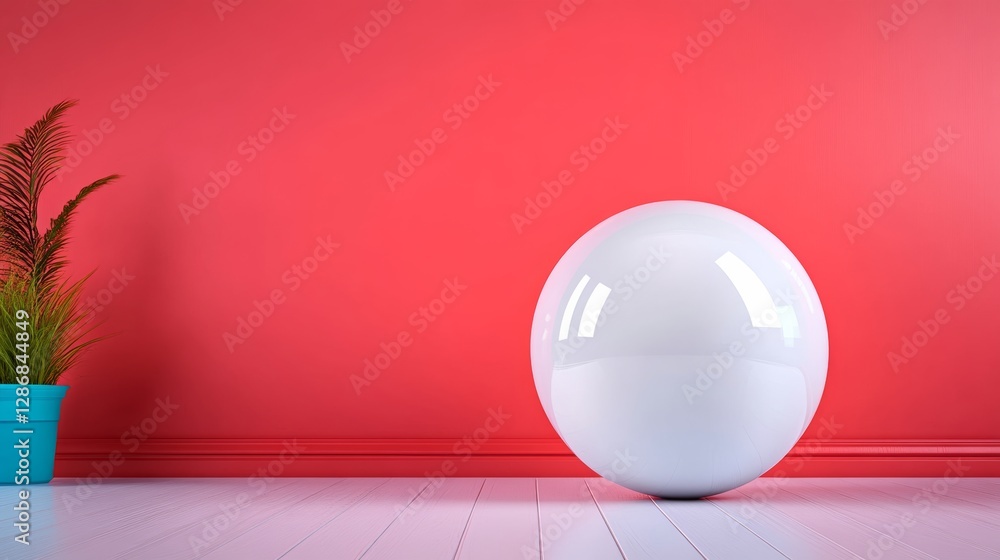 Aufkleber white ball is sitting on a red wall in a room with a blue vase. the room is empty and the ball is th