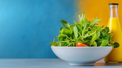 Bowl of greens and a bottle of juice sit on a table. The bowl is filled with a variety of greens, including lettuce, spinach, and tomatoes. The juice bottle is placed next to the bowl