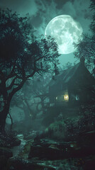 Obraz premium Haunted House In Creepy Forest: A Full Moon Tale