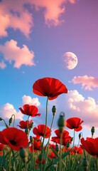 Fototapeta premium Red poppies sway in a vibrant field under a bright moonlit sky with fluffy clouds at dusk