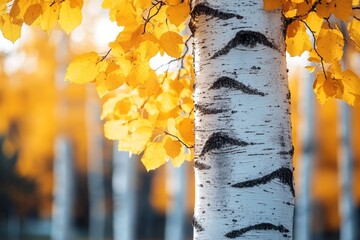 Close-up of an aspen tree trunk with bright yellow autumn leaves against a blurred background of more aspen trees