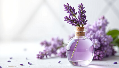 Lavender Essential Oil in Glass Bottle with Lilac Flowers Spa Aromatherapy Concept